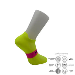 Neon yellow athletic sock with pink band, featuring performance stretch, moisture wicking, and arch support for running or training.