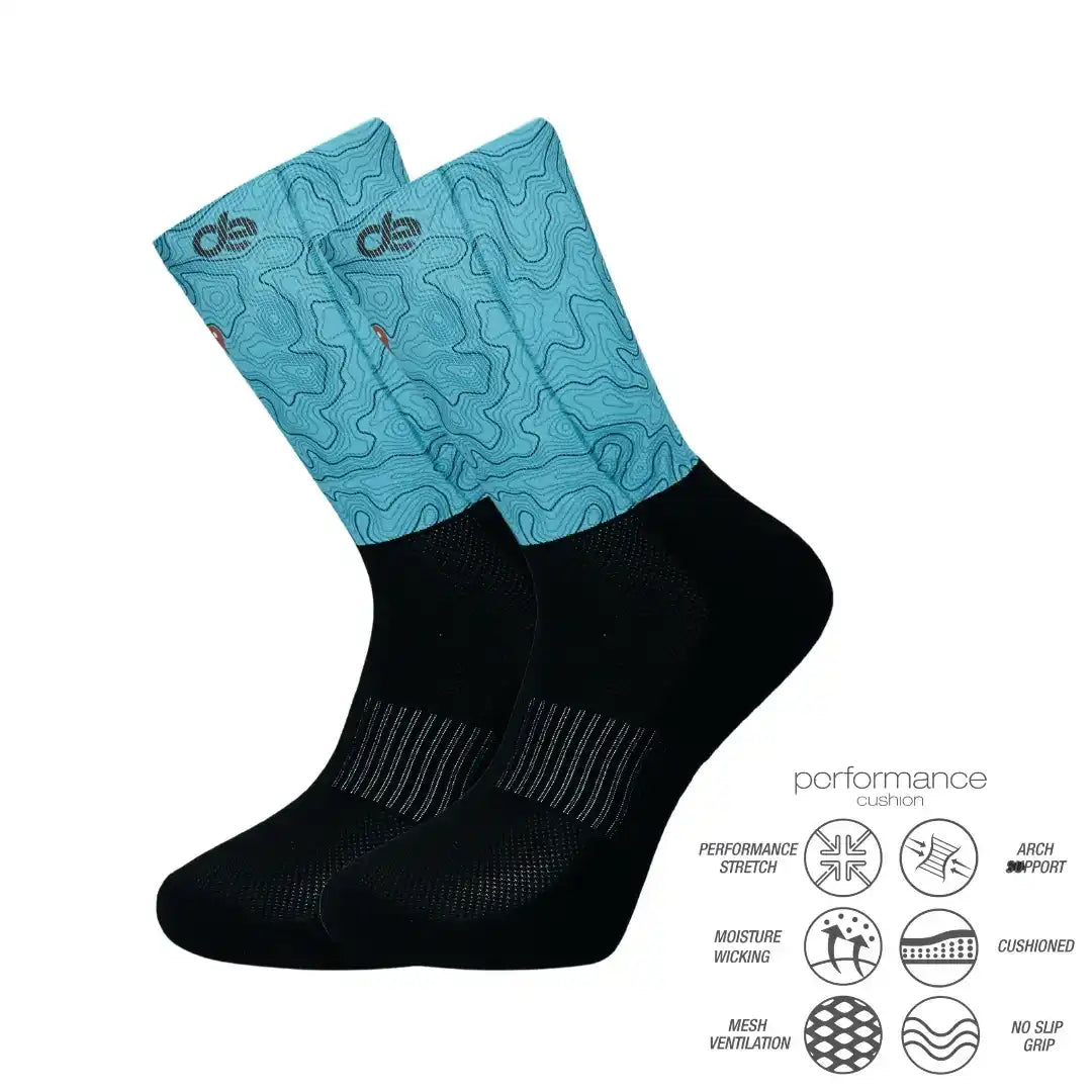 Performance athletic socks with topographic design, moisture-wicking, cushioned, and arch support