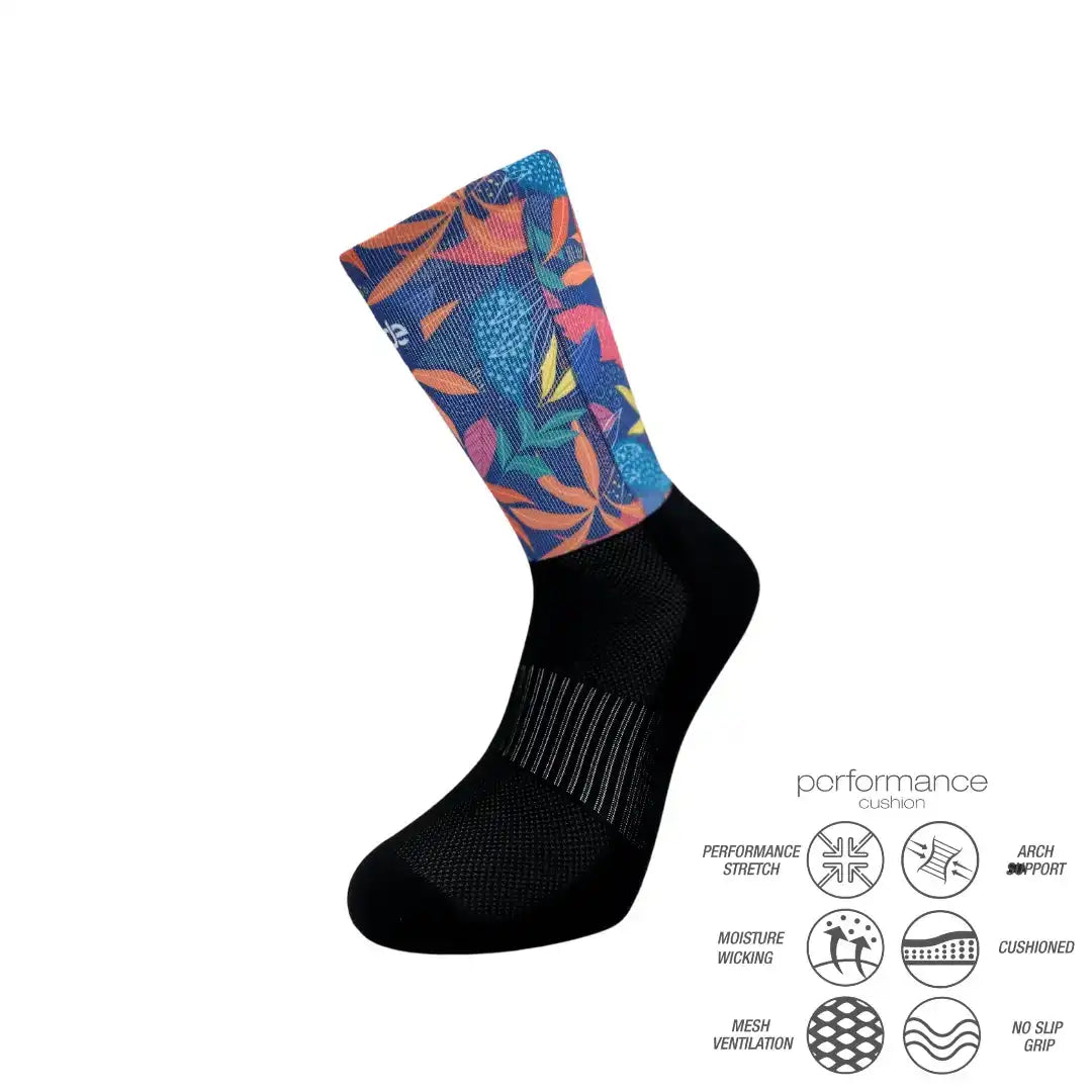 Colorful floral athletic socks with performance features for running, cycling, and training