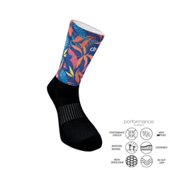 Colorful athletic performance socks with floral design, moisture-wicking, cushioned, and breathable mesh