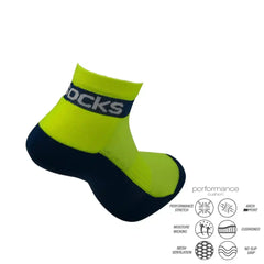 Bright neon green and navy athletic performance socks with moisture-wicking and cushioned features