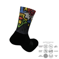 Colorful athletic performance sock with geometric pattern, moisture-wicking, cushioned, and arch support for running, cycling, tennis