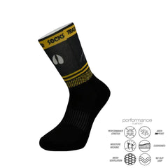 Black athletic performance sock with yellow accents, featuring moisture-wicking, arch support, and cushioned design for running or training.