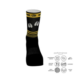 Black performance athletic sock with yellow accents, moisture-wicking, cushioned, and arch support for running or training