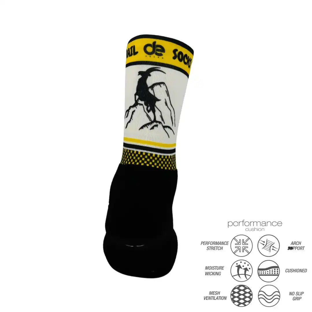 Performance athletic sock with mountain goat design, moisture-wicking, cushioned, and arch support for running, cycling, tennis