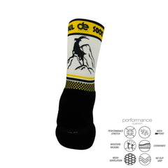 Performance athletic sock with mountain goat design, moisture-wicking, cushioned, and arch support for running, cycling, tennis