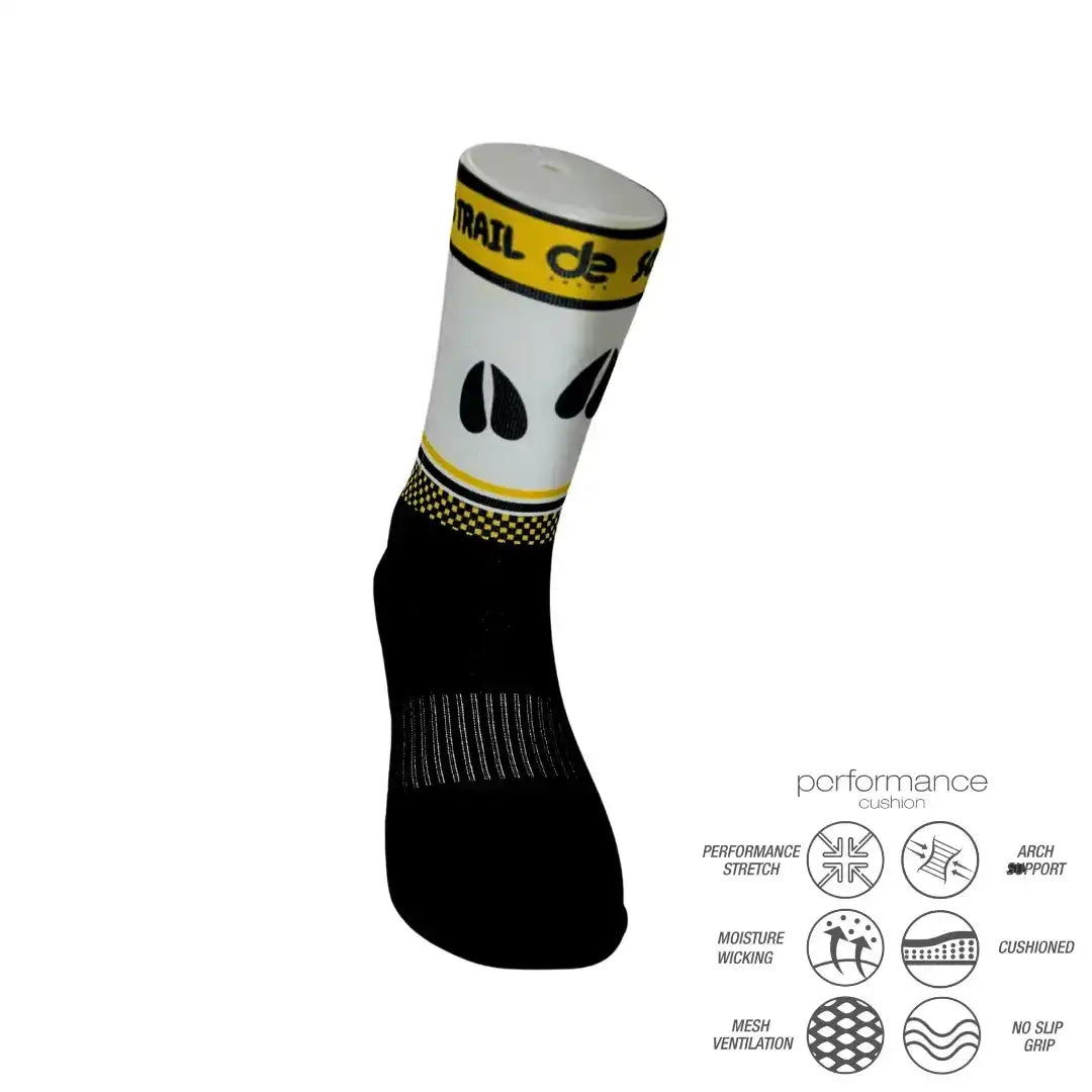 Performance athletic sock with moisture-wicking, cushioned, and no-slip grip features for running and cycling.