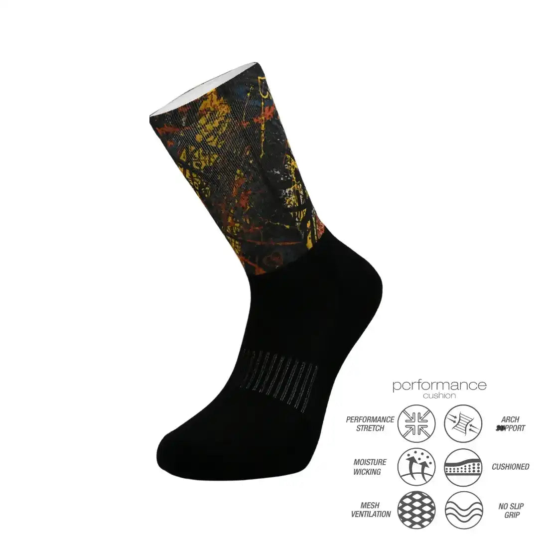 Performance athletic sock with colorful abstract print, moisture-wicking, cushioned, and arch support for running, cycling, tennis