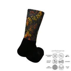 Performance athletic socks with vibrant print, moisture-wicking, cushioned, and arch support features