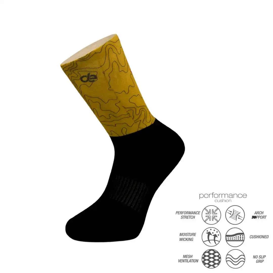 Yellow and black performance athletic socks with topographic design and moisture-wicking features