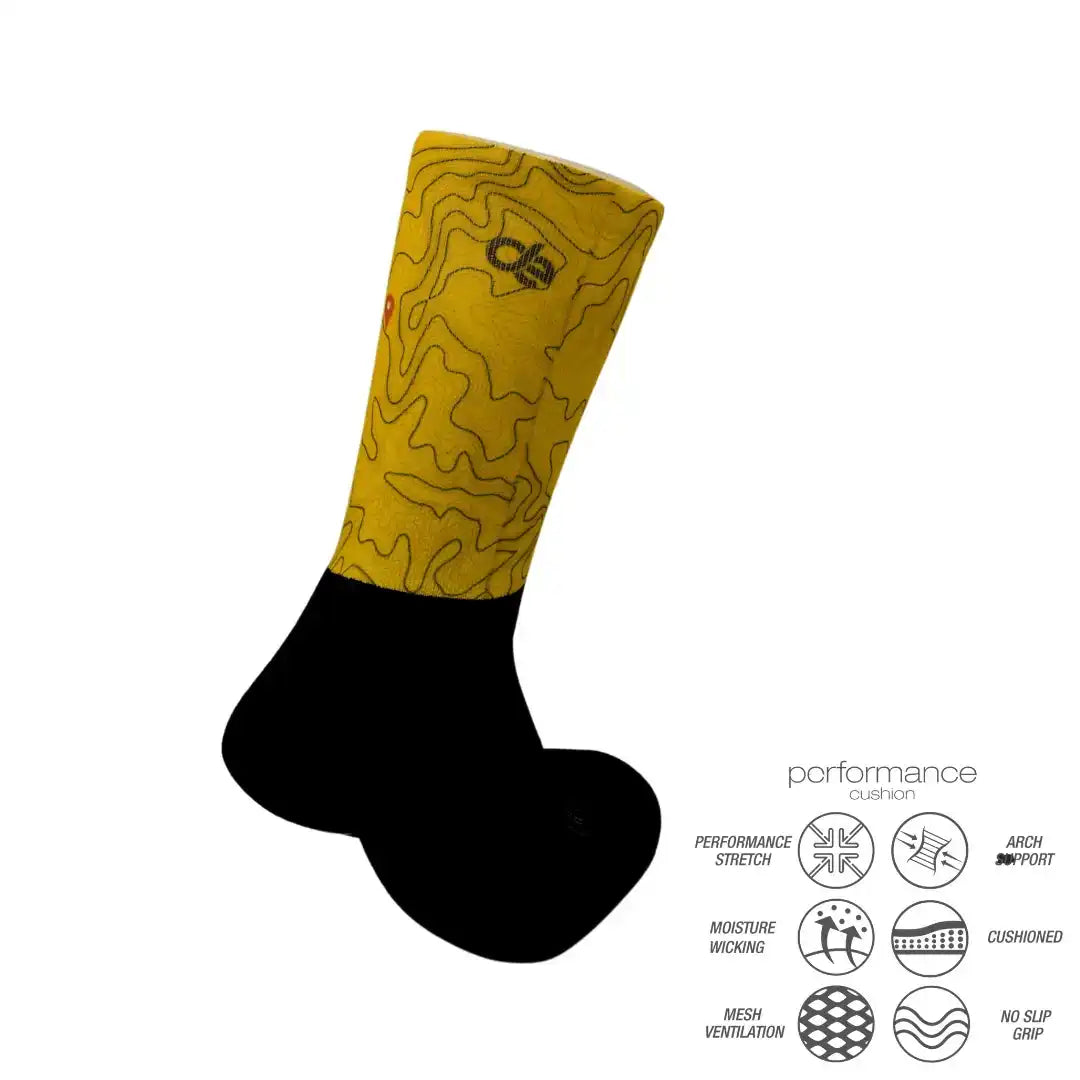 Yellow topographic design performance socks with black toe and heel, featuring moisture-wicking and cushioned support.
