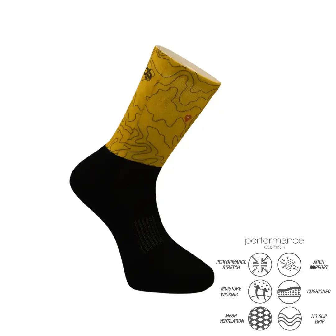 Yellow topographic design athletic performance sock with black base and moisture-wicking features