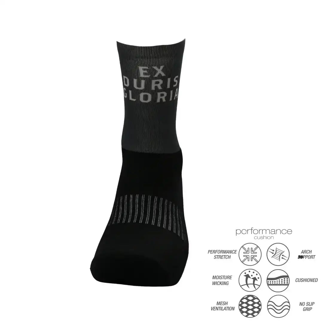 Black athletic performance sock with 'EX DURIS GLORIA' text, featuring cushioned arch, moisture-wicking, and mesh ventilation for running or training.