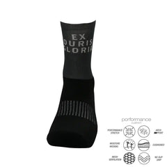Black athletic performance sock with 'EX DURIS GLORIA' text, featuring cushioned arch, moisture-wicking, and mesh ventilation for running or training.