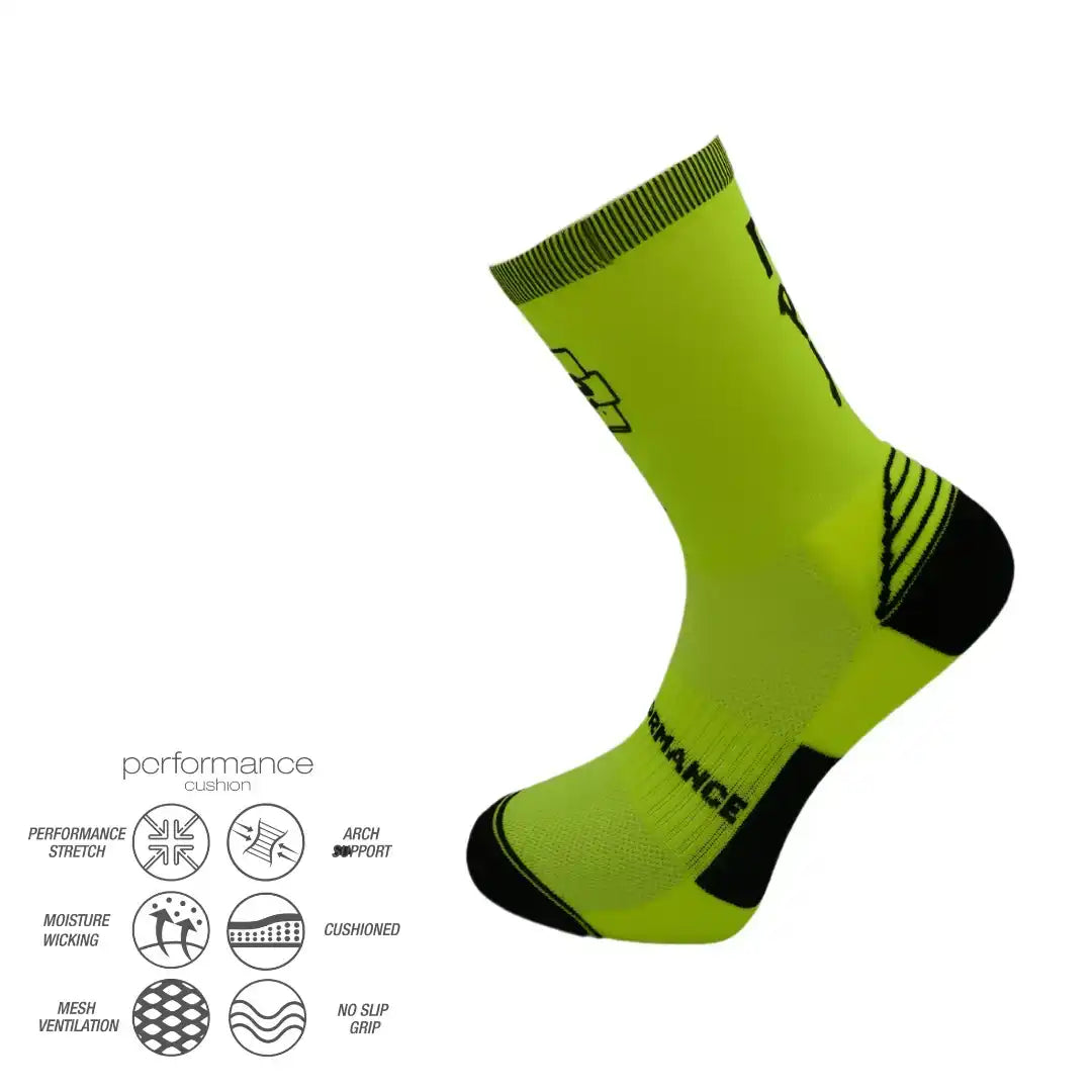 Bright neon green performance athletic sock with black accents and moisture-wicking features
