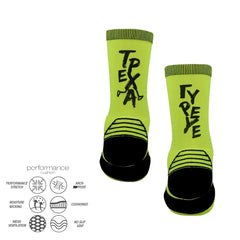 Bright green performance socks with black grip sole, arch support, and moisture-wicking design for running or training
