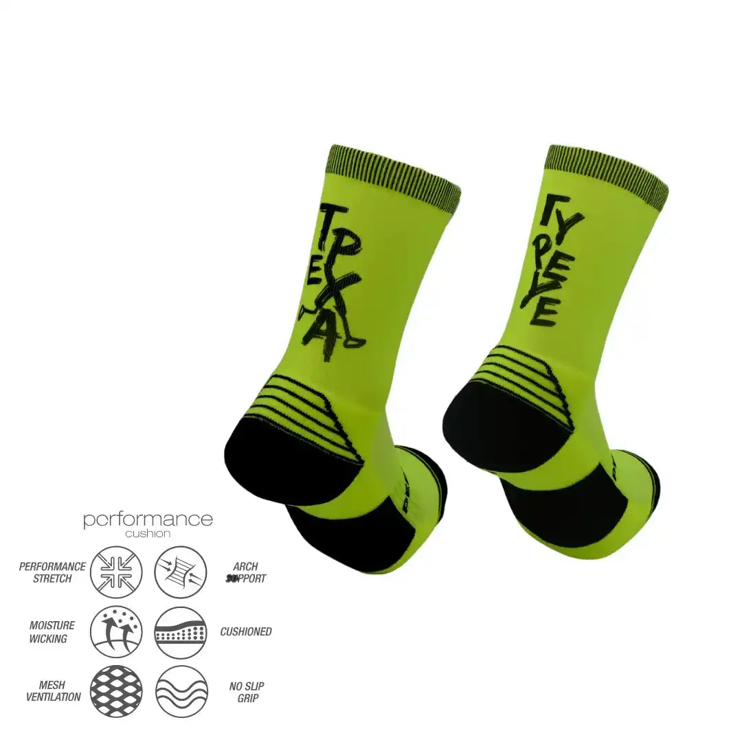 Neon green performance socks with black accents, featuring arch support, moisture wicking, and cushioned grip for running, cycling, tennis, padel, or training.