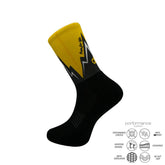 Black and yellow performance athletic socks with lightning design and moisture-wicking features