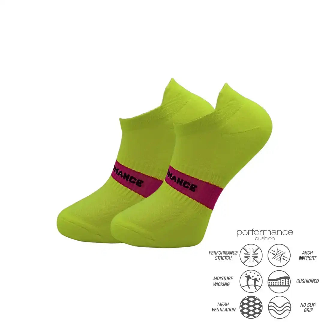 Lime green performance ankle socks with pink band, moisture-wicking, cushioned, no-slip grip for running, cycling, tennis
