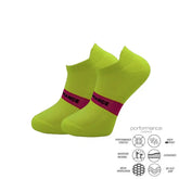 Lime green performance ankle socks with pink band, moisture-wicking, cushioned, no-slip grip for running, cycling, tennis