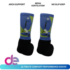 Blue and black performance socks with arch support, mesh ventilation, and no-slip grip for athletes.