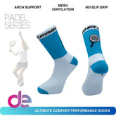 Blue and white padel performance socks with arch support, mesh ventilation, no slip grip, tennis racket design