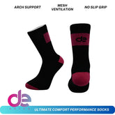Black and burgundy performance socks with arch support, mesh ventilation, and no slip grip for ultimate comfort