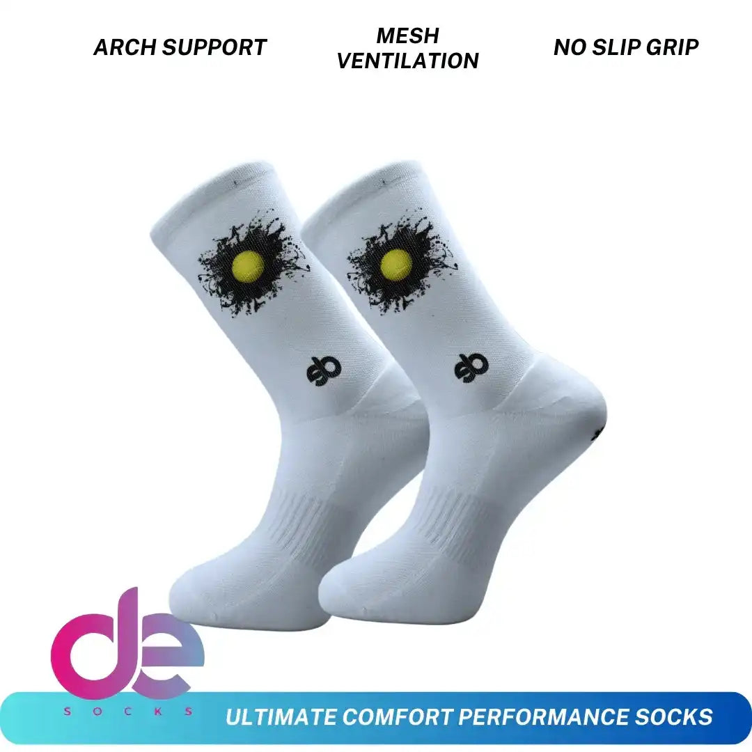 White performance socks with arch support, mesh ventilation, no slip grip for running, cycling, tennis