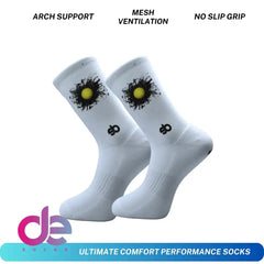 White performance socks with arch support, mesh ventilation, no slip grip for running, cycling, tennis