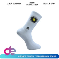 White performance sock with arch support, mesh ventilation, no slip grip, and tennis ball graphic for athletic comfort.
