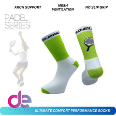 Green and white padel performance socks with arch support and mesh ventilation