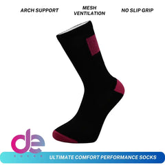 Black performance sock with arch support, mesh ventilation, and no-slip grip for ultimate comfort
