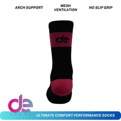 Black and pink performance socks with arch support, mesh ventilation, and no-slip grip for ultimate comfort.