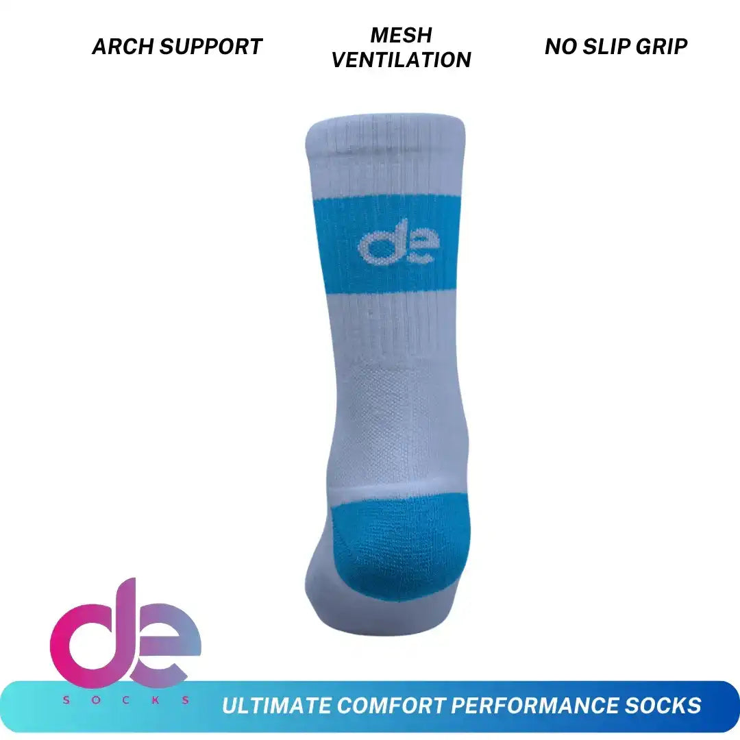 Blue and gray performance sock with arch support, mesh ventilation, and no-slip grip for athletic activities.