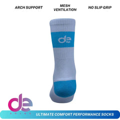 Blue and gray performance sock with arch support, mesh ventilation, and no-slip grip for athletic activities.