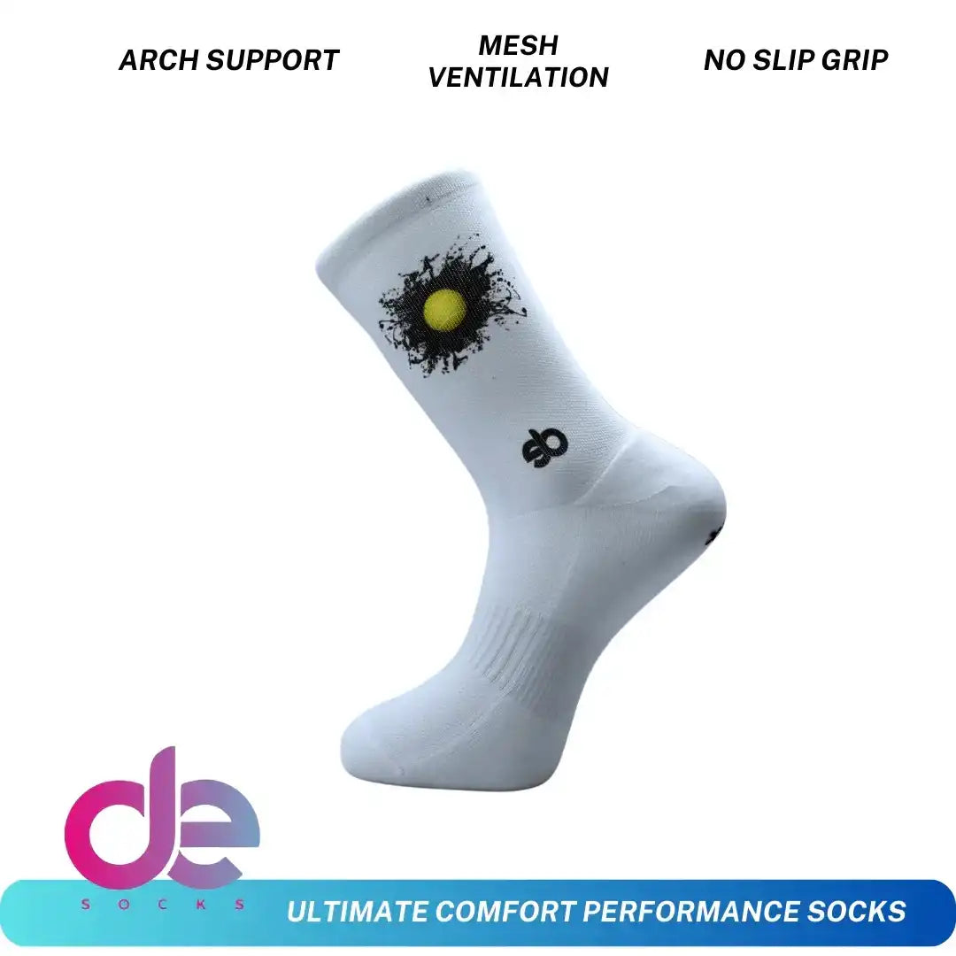 White performance sock with arch support, mesh ventilation, and no-slip grip for sports like tennis and cycling.