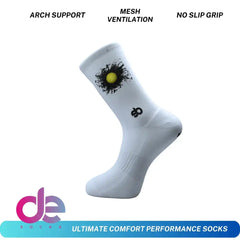 White performance sock with arch support, mesh ventilation, and no-slip grip for sports like tennis and cycling.