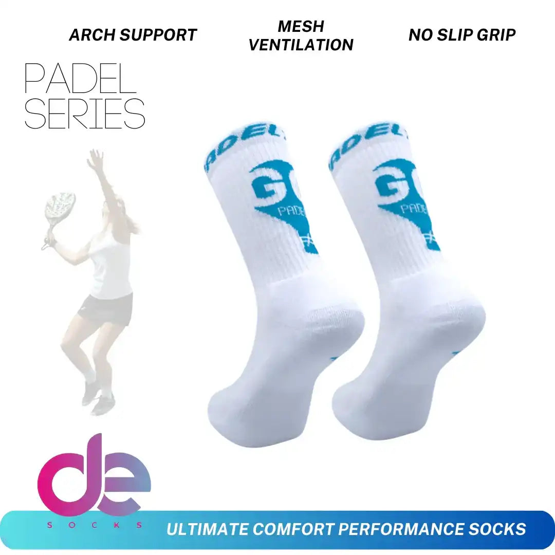 White padel performance socks with arch support, mesh ventilation, and no-slip grip for ultimate comfort.