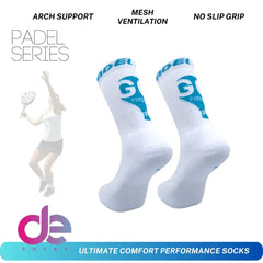 White padel performance socks with arch support, mesh ventilation, and no-slip grip for ultimate comfort.