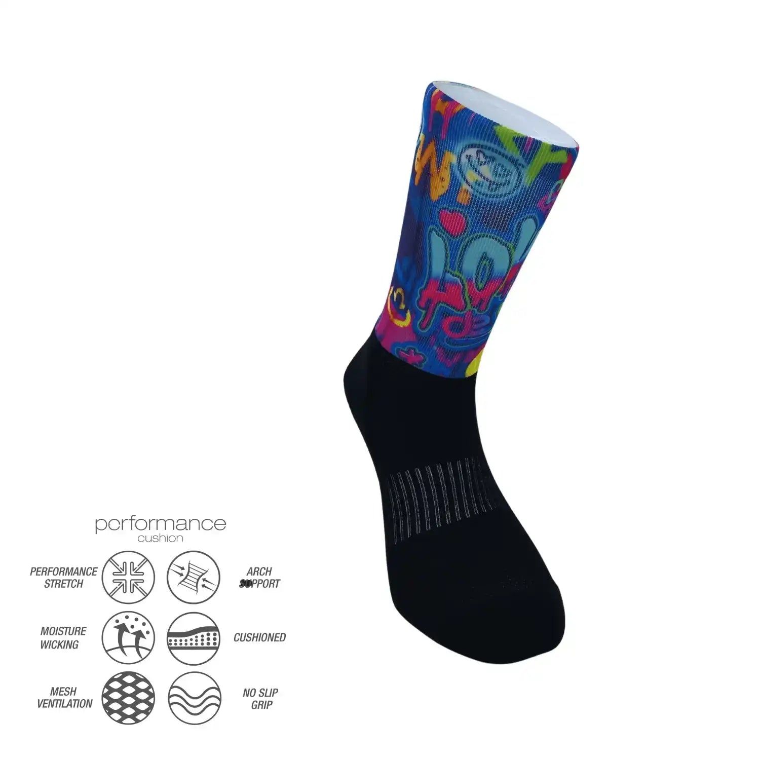 Colorful performance athletic sock with graffiti design, cushioned arch support, moisture-wicking, and no-slip grip for running, cycling, tennis