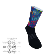 Colorful performance athletic sock with graffiti design, cushioned arch support, moisture-wicking, and no-slip grip for running, cycling, tennis