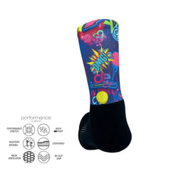 Vibrant graphic athletic sock with comic-style 'OMG!' print, performance features for running, cycling, tennis