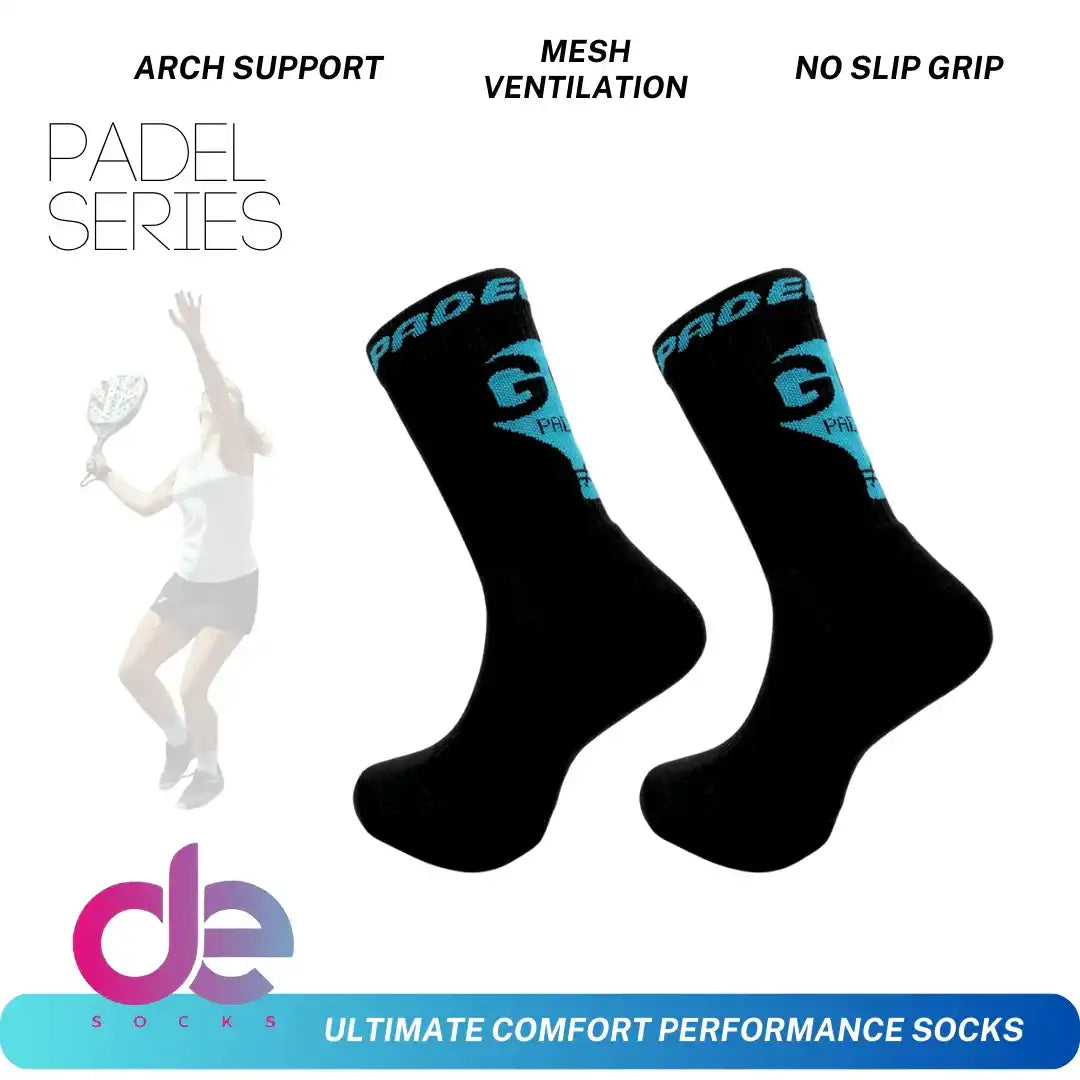 Black padel performance socks with arch support, mesh ventilation, no slip grip, ideal for athletic training and sports