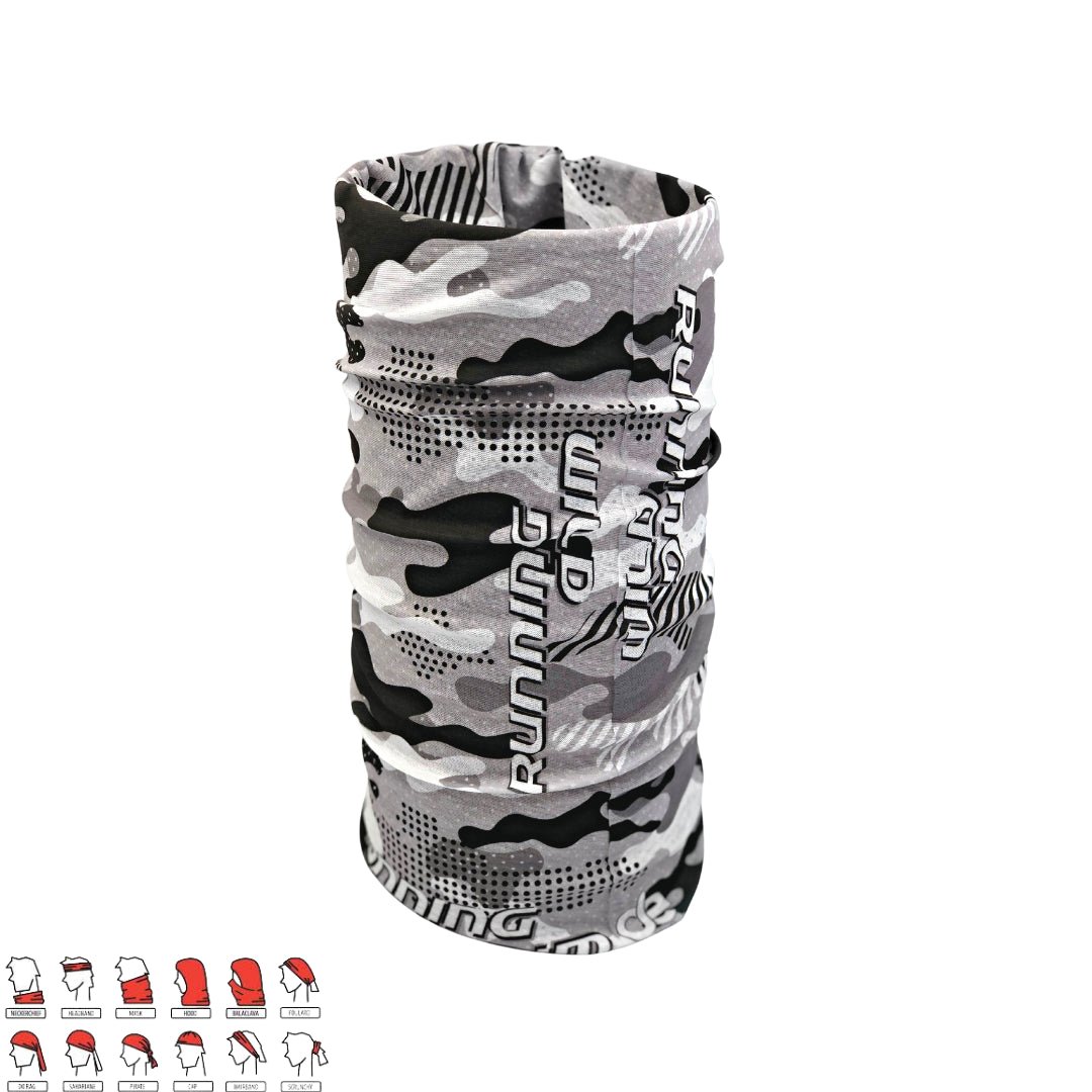 Gray camouflage running neck gaiter with 'RUNNING' text, multi-use athletic face cover for sports