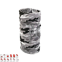 Gray camouflage running neck gaiter with 'RUNNING' text, multi-use athletic face cover for sports