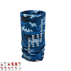 Blue camouflage running neck gaiter with 'Running Wild' text, multi-use athletic accessory for sports