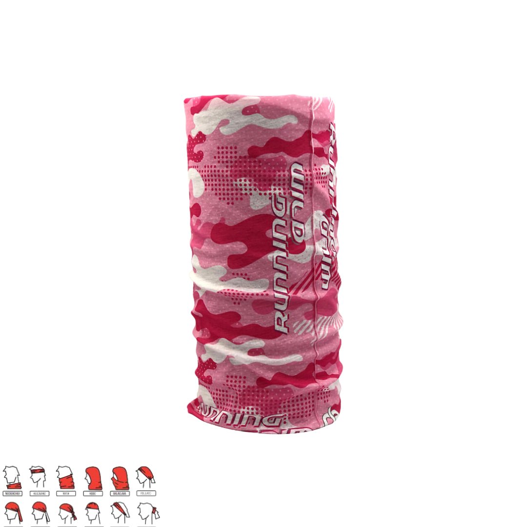 Pink camouflage running bandana with versatile styling options for athletic activities