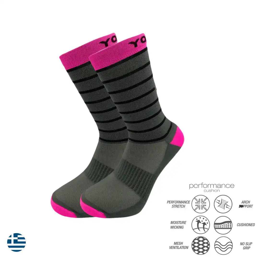 Gray and pink athletic performance socks with moisture-wicking and cushioned features for running or training.