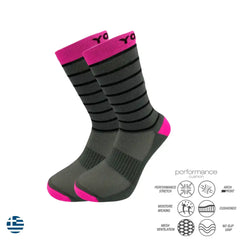 Gray and pink athletic performance socks with moisture-wicking and cushioned features for running or training.