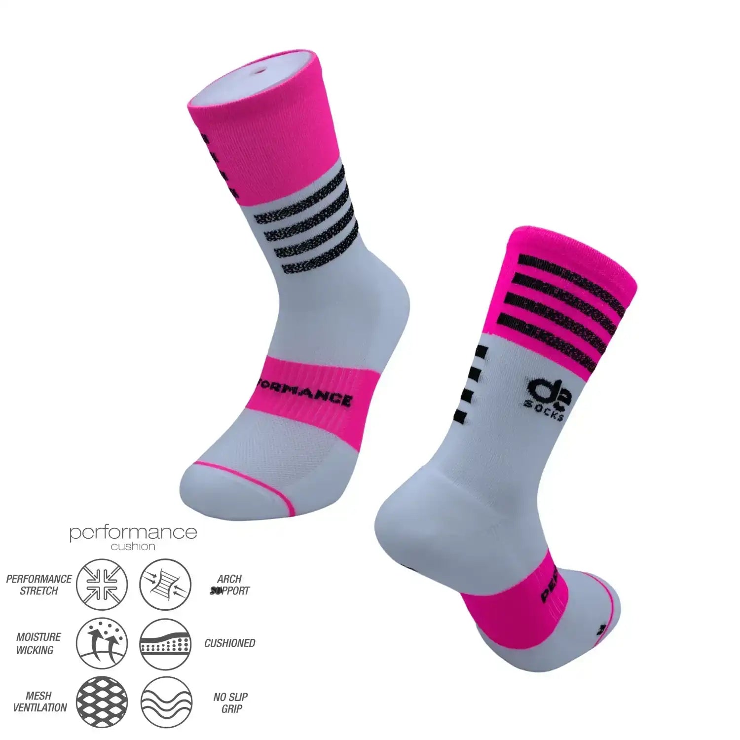 Pink and gray performance athletic socks with moisture-wicking and cushioned support for running, cycling, and training.